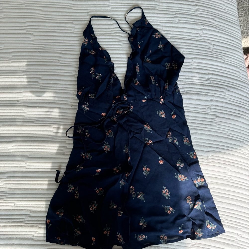 Reformation Navy Blue Floral Wrap Mini Dress Ruffle V-Neck XS - Picture 2 of 6